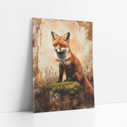 Fox Perched Mossy Cliff Rustic art print leaning against a white wall – red fox sitting on a moss-covered stump with dry