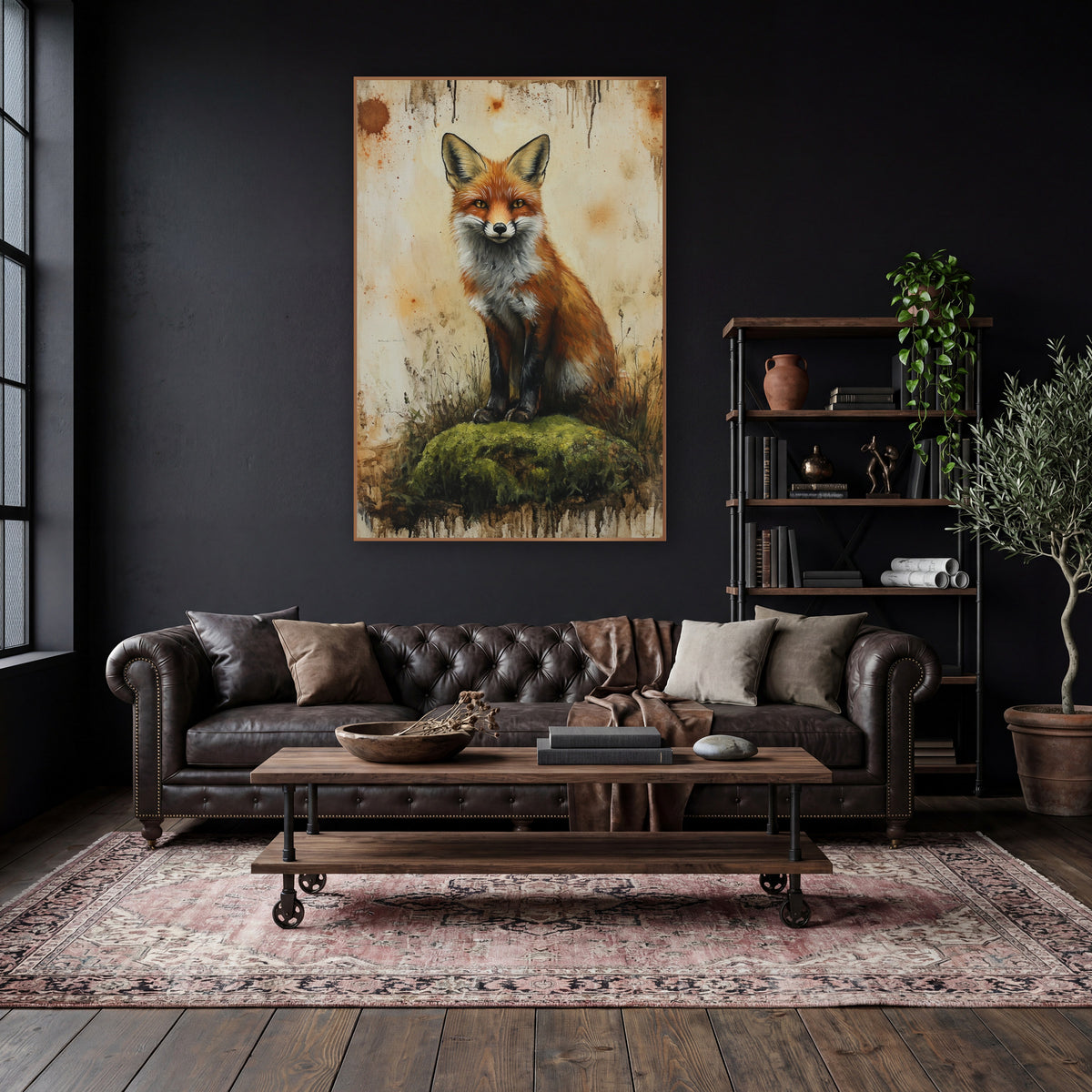 Fox Facing Forward Mossy Boho wall art in a moody dark academia room – red fox sitting on a green mossy mound