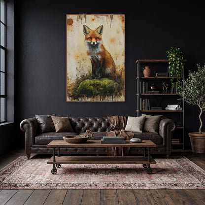 Fox Facing Forward Mossy Boho wall art in a moody dark academia room – red fox sitting on a green mossy mound