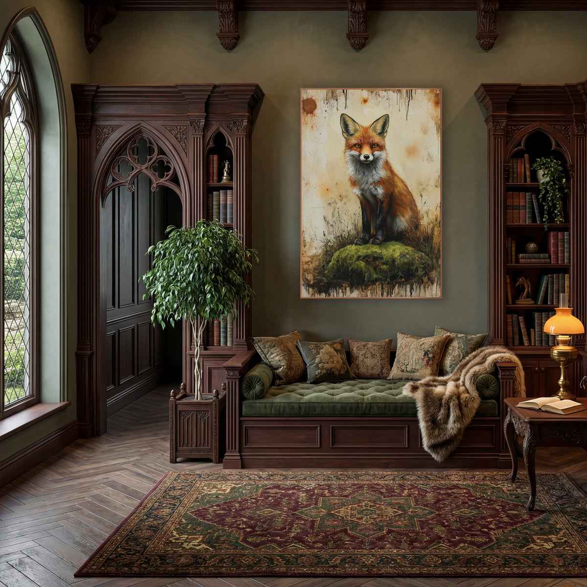 Fox Facing Forward Mossy Boho wall art in a moody dark academia room – red fox sitting on a green mossy mound