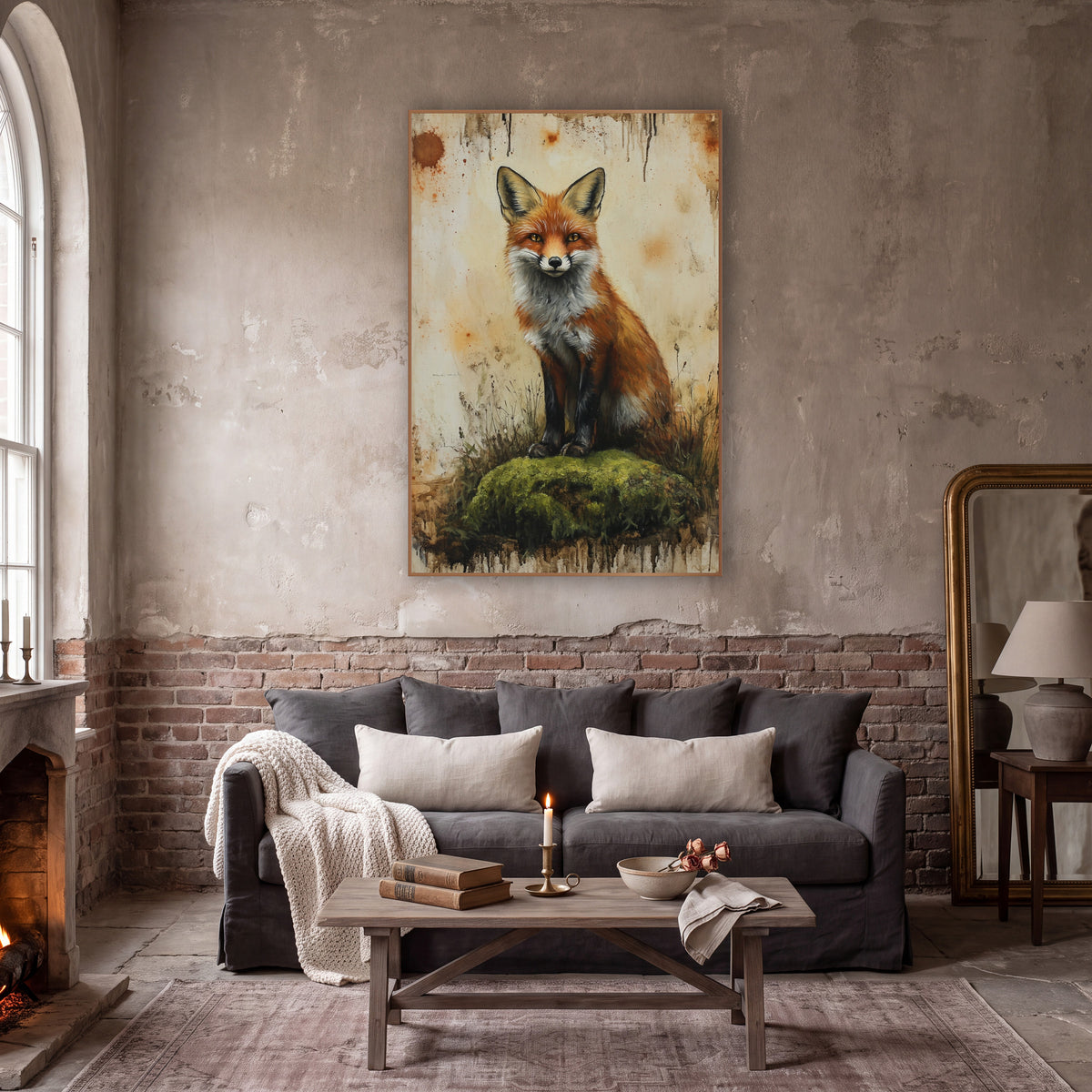 Fox Facing Forward Mossy Boho wall art in a moody dark academia room – red fox sitting on a green mossy mound