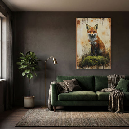 Fox Facing Forward Mossy Boho wall art in a moody dark academia room – red fox sitting on a green mossy mound
