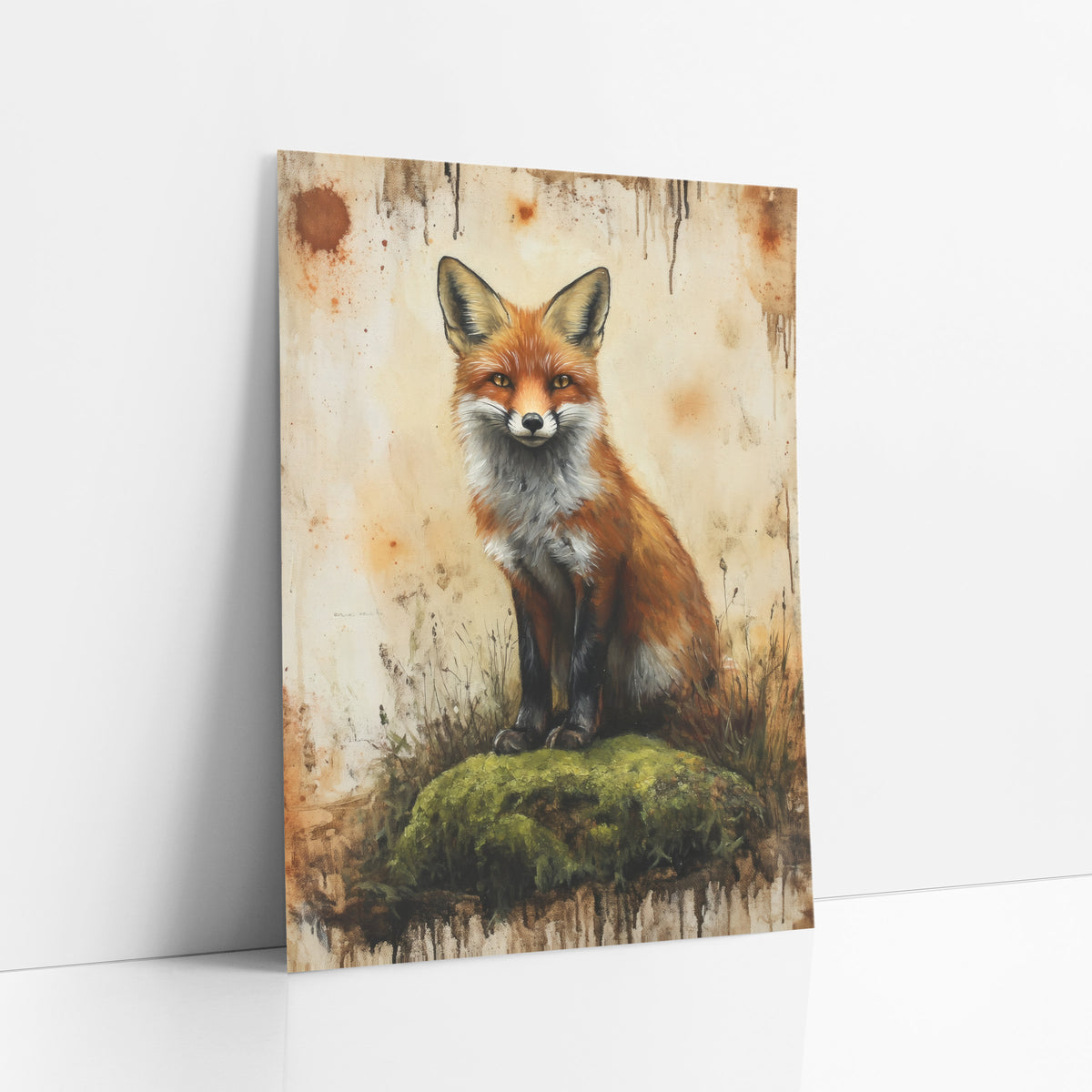 Fox Facing Forward Mossy Boho art print leaning against a white wall – red fox sitting on a green mossy mound against a cream