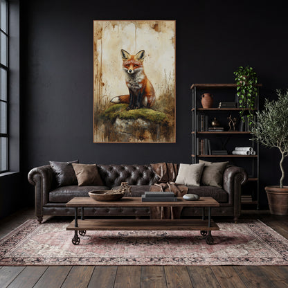 Red Fox on Mossy Rock Vintage wall art in a moody dark academia room – red fox with amber eyes sitting on a mossy