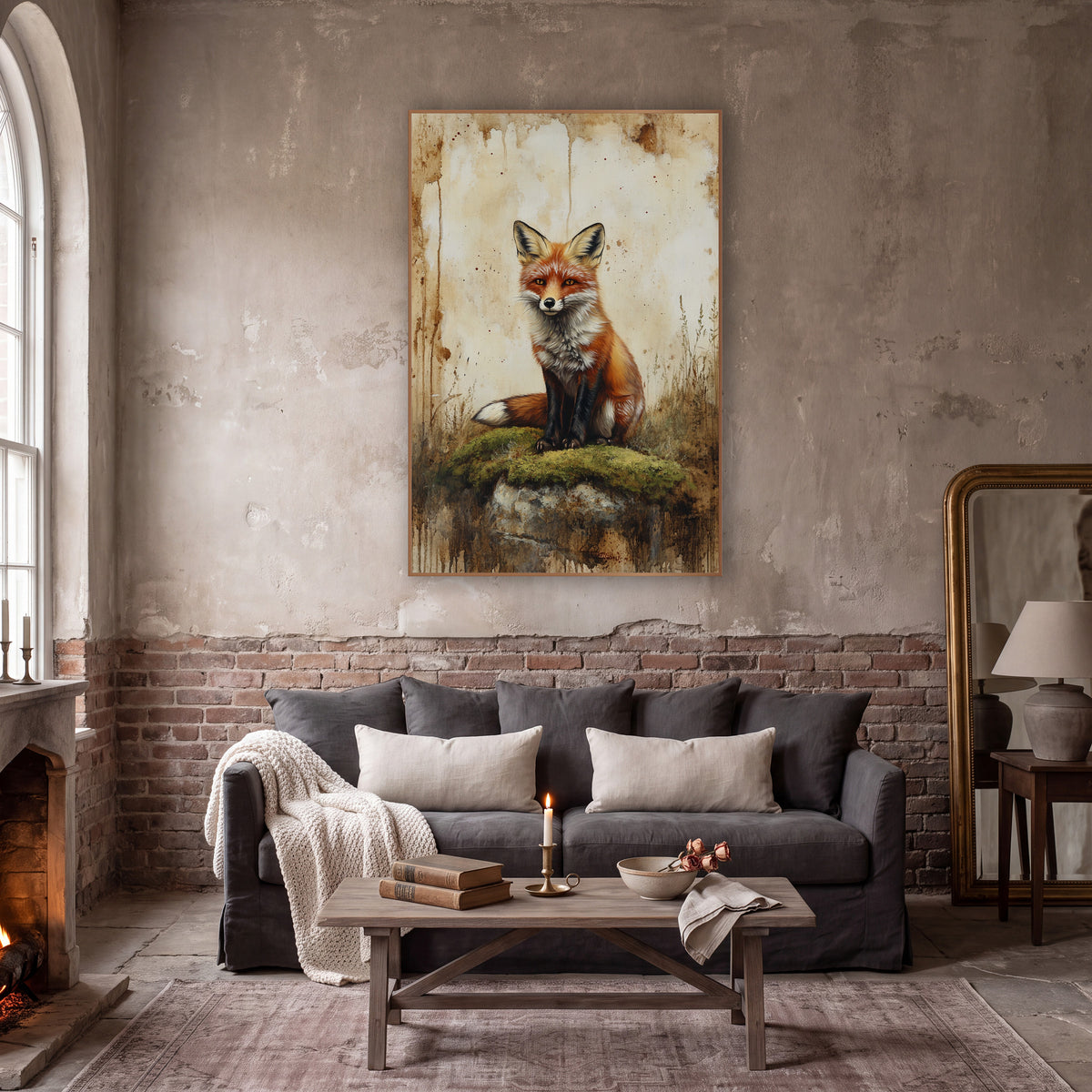 Red Fox on Mossy Rock Vintage wall art in a moody dark academia room – red fox with amber eyes sitting on a mossy