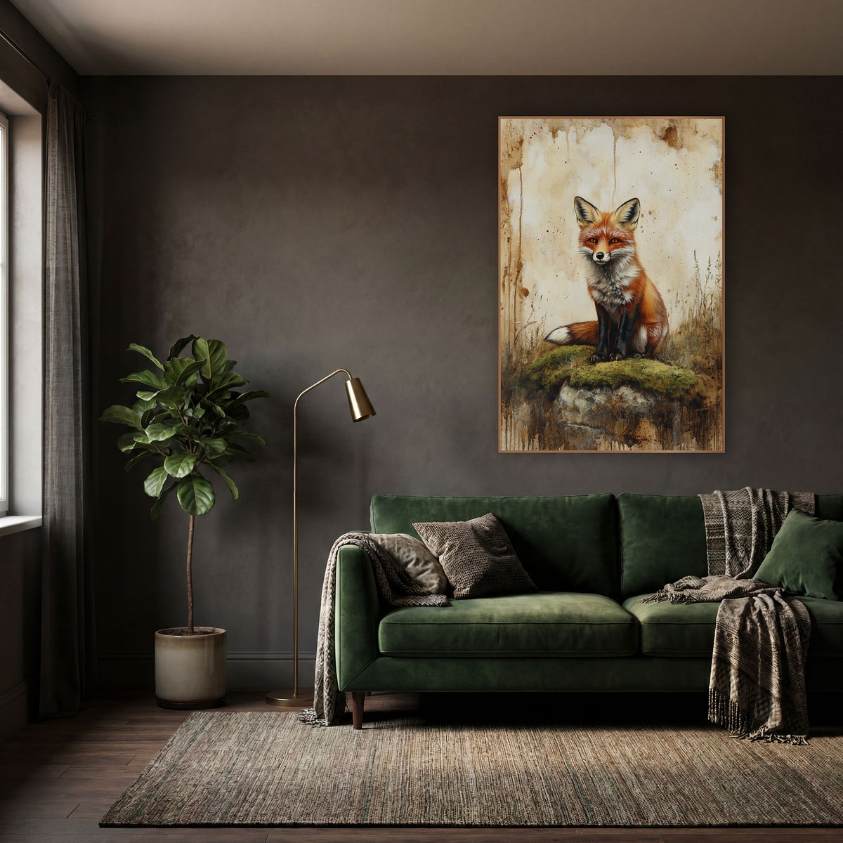 Red Fox on Mossy Rock Vintage wall art in a moody dark academia room – red fox with amber eyes sitting on a mossy