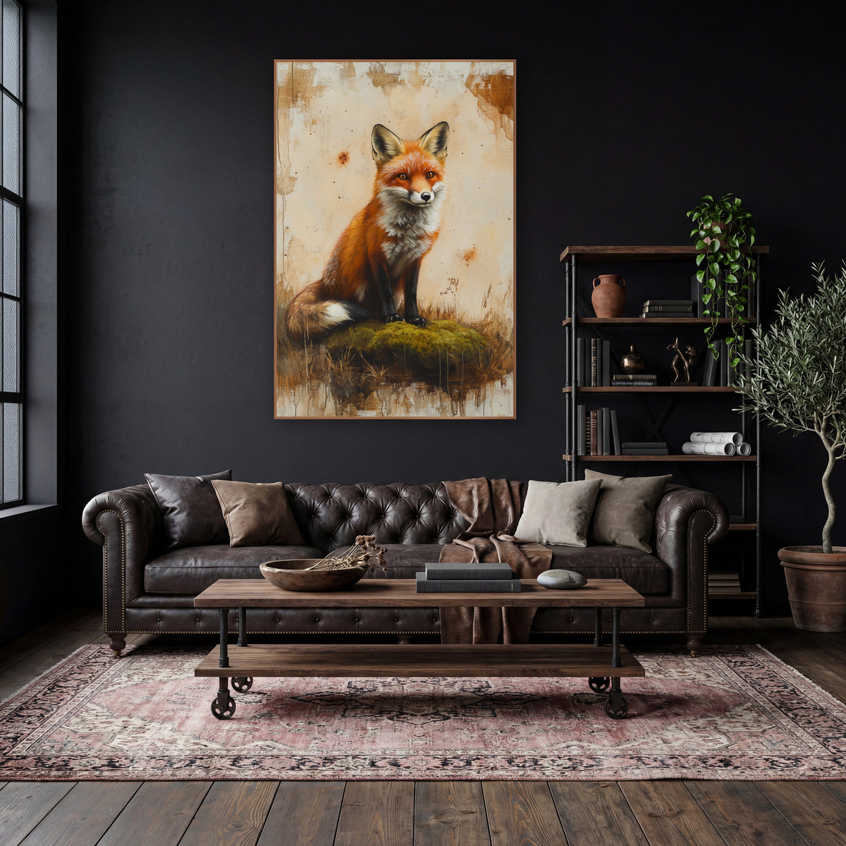 Fox Curled Tail Mossy Farmhouse wall art in a moody dark academia room – red fox with amber eyes sitting on green moss