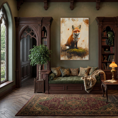 Fox Curled Tail Mossy Farmhouse wall art in a moody dark academia room – red fox with amber eyes sitting on green moss