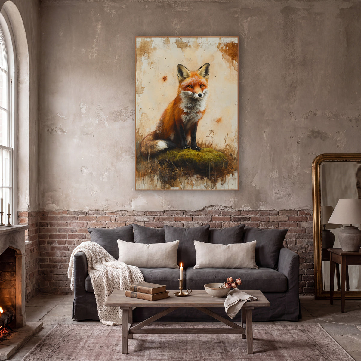 Fox Curled Tail Mossy Farmhouse wall art in a moody dark academia room – red fox with amber eyes sitting on green moss