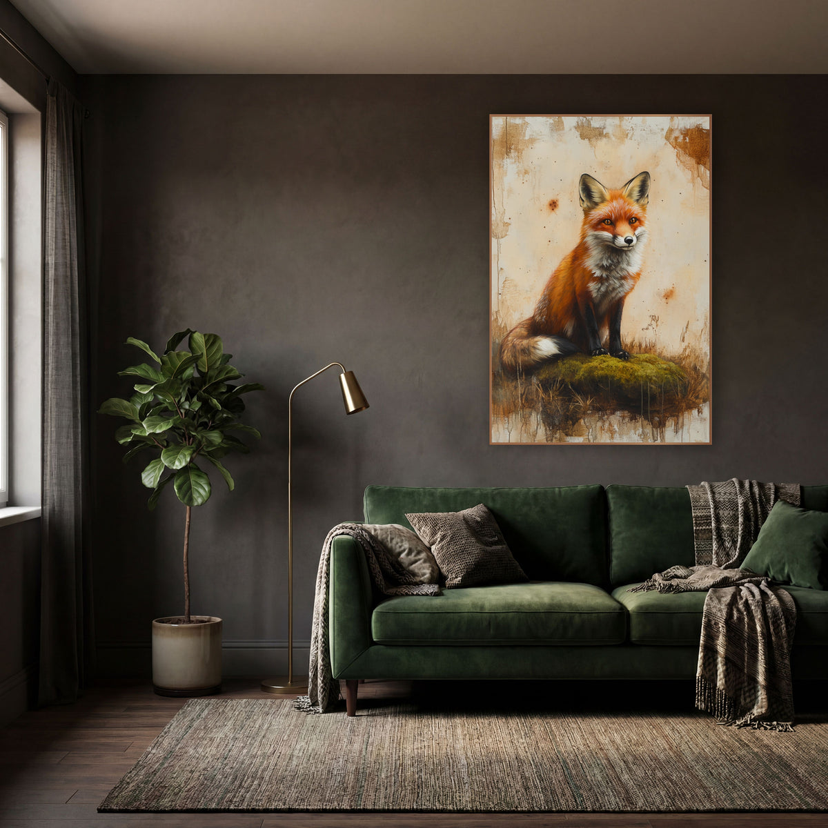 Fox Curled Tail Mossy Farmhouse wall art in a moody dark academia room – red fox with amber eyes sitting on green moss