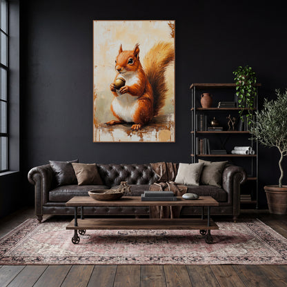 Red Squirrel Acorn Woodland Academia wall art in a moody dark academia room – red squirrel holding an acorn in both
