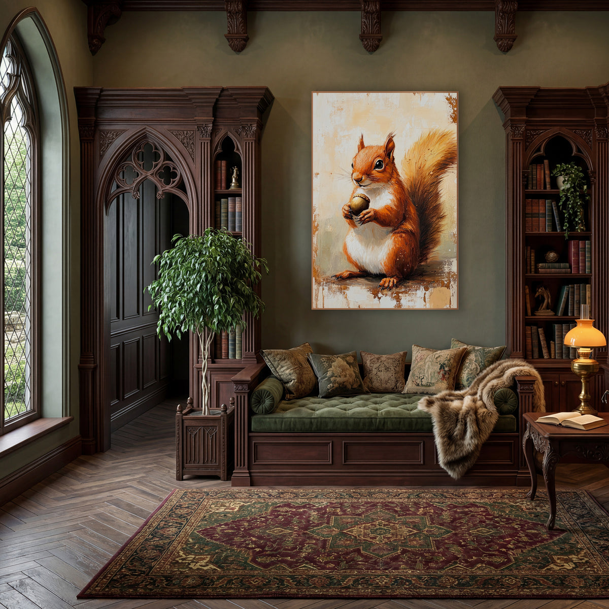 Red Squirrel Acorn Woodland Academia wall art in a moody dark academia room – red squirrel holding an acorn in both