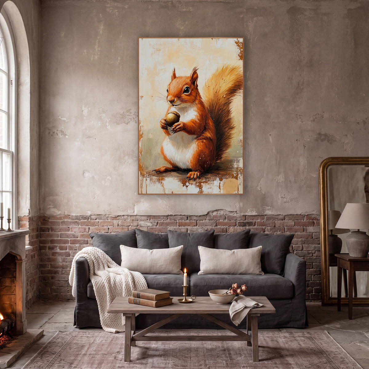 Red Squirrel Acorn Woodland Academia wall art in a moody dark academia room – red squirrel holding an acorn in both