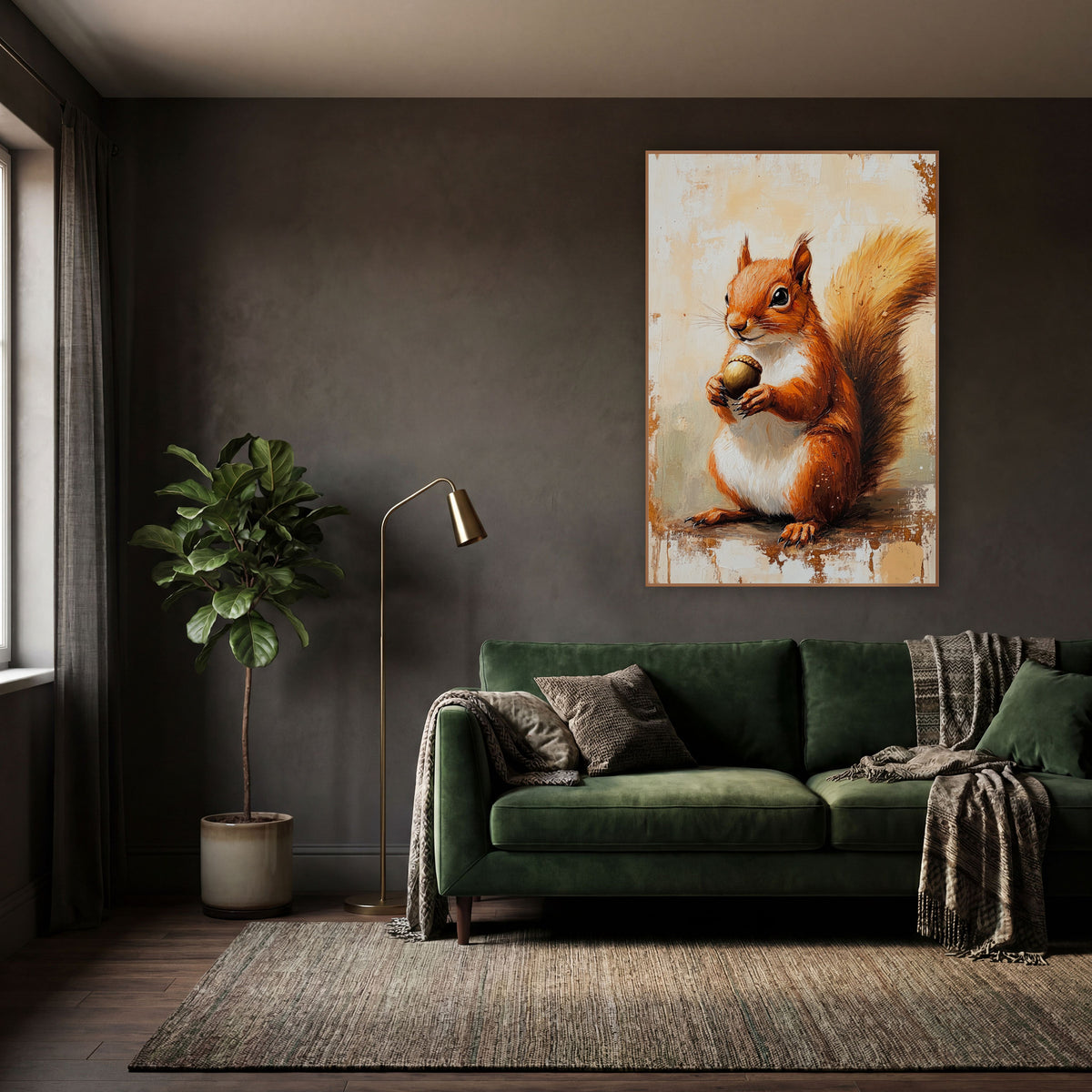 Red Squirrel Acorn Woodland Academia wall art in a moody dark academia room – red squirrel holding an acorn in both