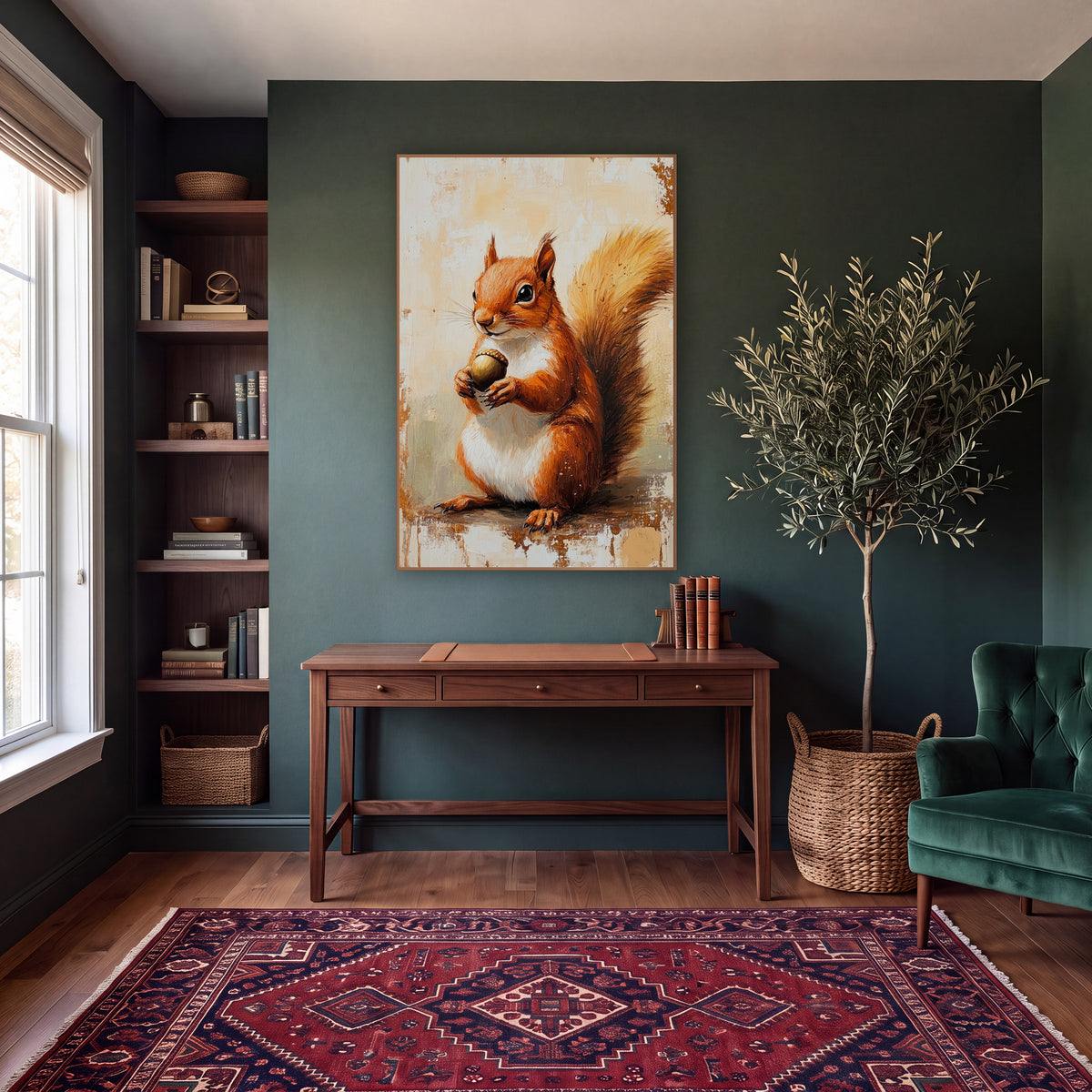 Red Squirrel Acorn Woodland Academia wall art in a moody dark academia room – red squirrel holding an acorn in both