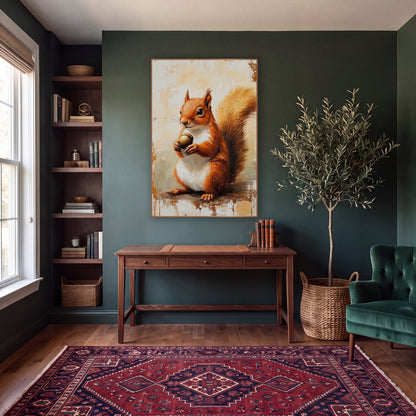 Red Squirrel Acorn Woodland Academia wall art in a moody dark academia room – red squirrel holding an acorn in both