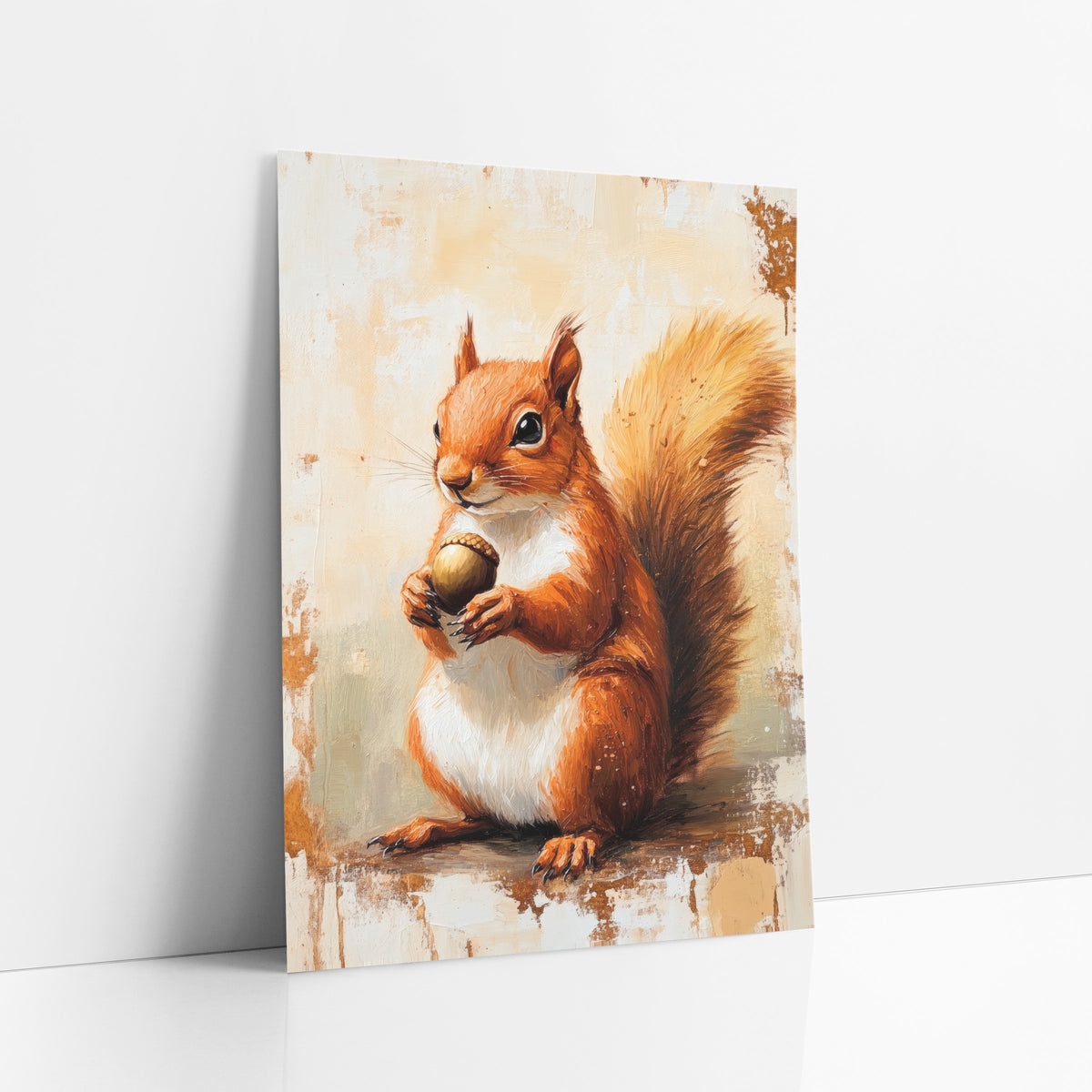 Red Squirrel Acorn Woodland Academia art print leaning against a white wall – red squirrel holding an acorn in both paws