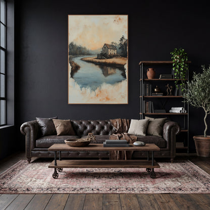Stone House River Bend Landscape wall art in a moody dark academia room – stone house on a sandy river bend with misty