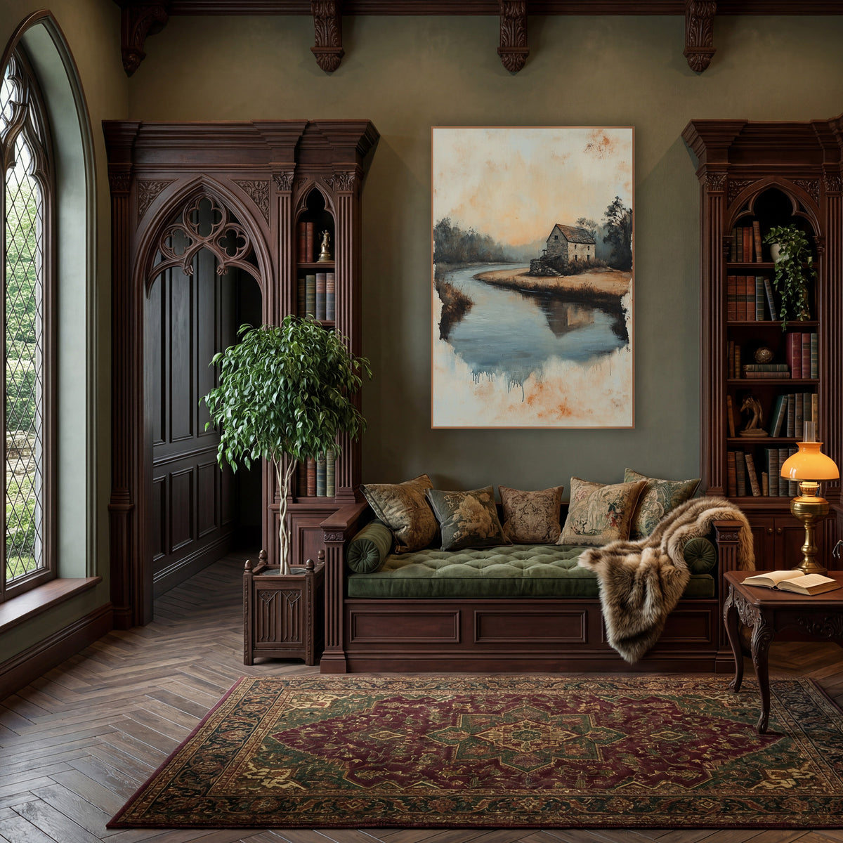 Stone House River Bend Landscape wall art in a moody dark academia room – stone house on a sandy river bend with misty