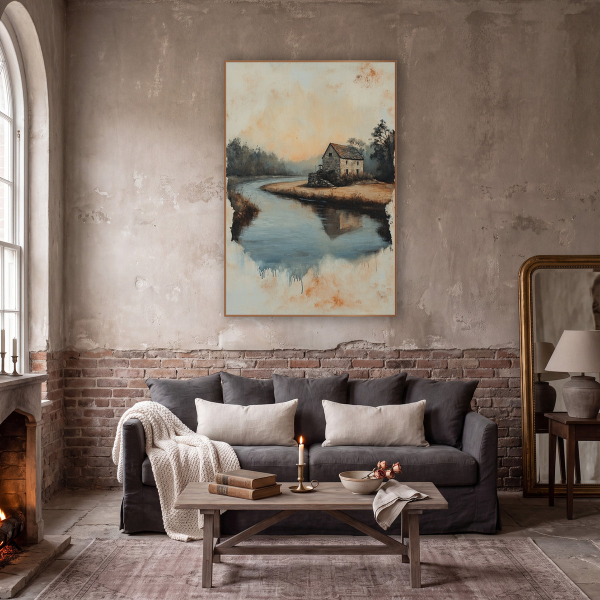 Stone House River Bend Landscape wall art in a moody dark academia room – stone house on a sandy river bend with misty