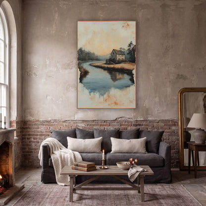 Stone House River Bend Landscape wall art in a moody dark academia room – stone house on a sandy river bend with misty