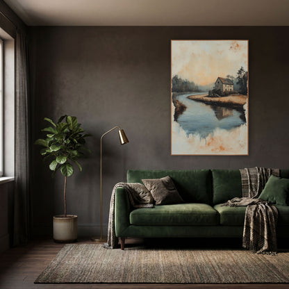Stone House River Bend Landscape wall art in a moody dark academia room – stone house on a sandy river bend with misty