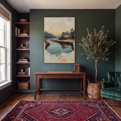Stone House River Bend Landscape wall art in a moody dark academia room – stone house on a sandy river bend with misty