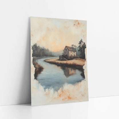 Stone House River Bend Landscape art print leaning against a white wall – stone house on a sandy river bend with misty trees