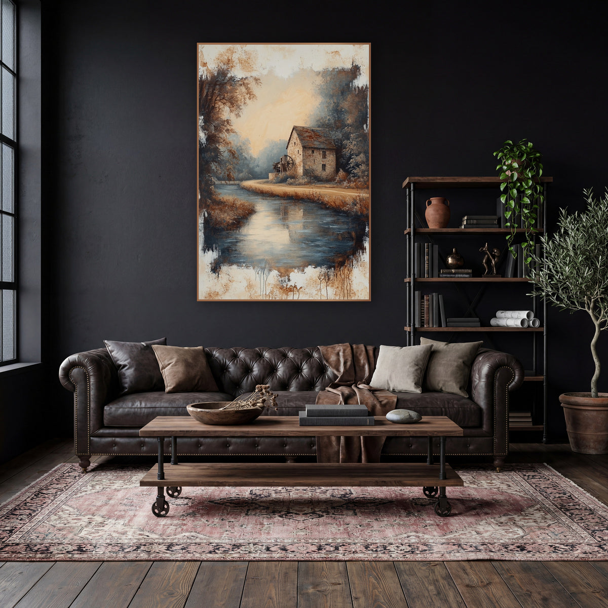 Stone Mill River Landscape Vintage wall art in a moody dark academia room – stone mill with a water wheel
