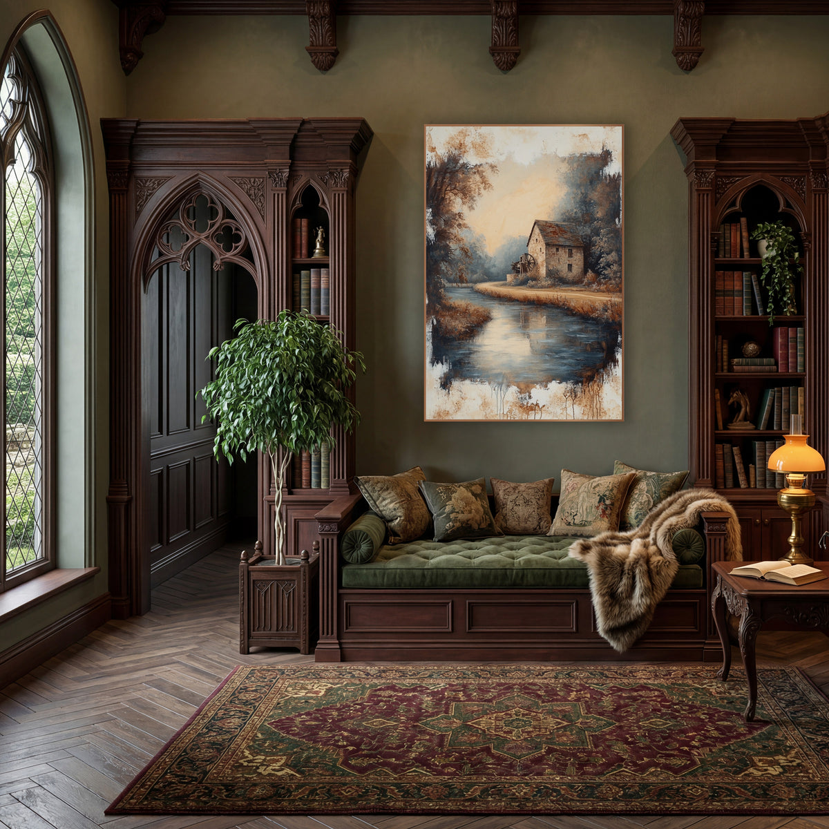Stone Mill River Landscape Vintage wall art in a moody dark academia room – stone mill with a water wheel