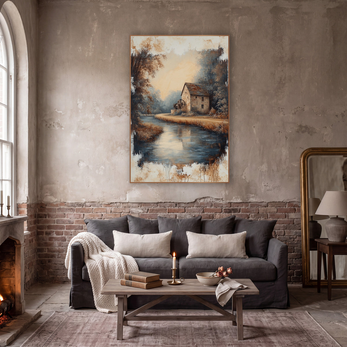 Stone Mill River Landscape Vintage wall art in a moody dark academia room – stone mill with a water wheel