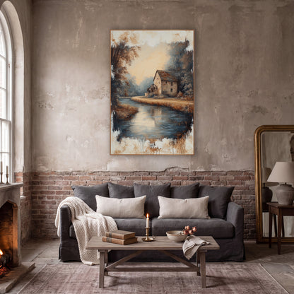 Stone Mill River Landscape Vintage wall art in a moody dark academia room – stone mill with a water wheel