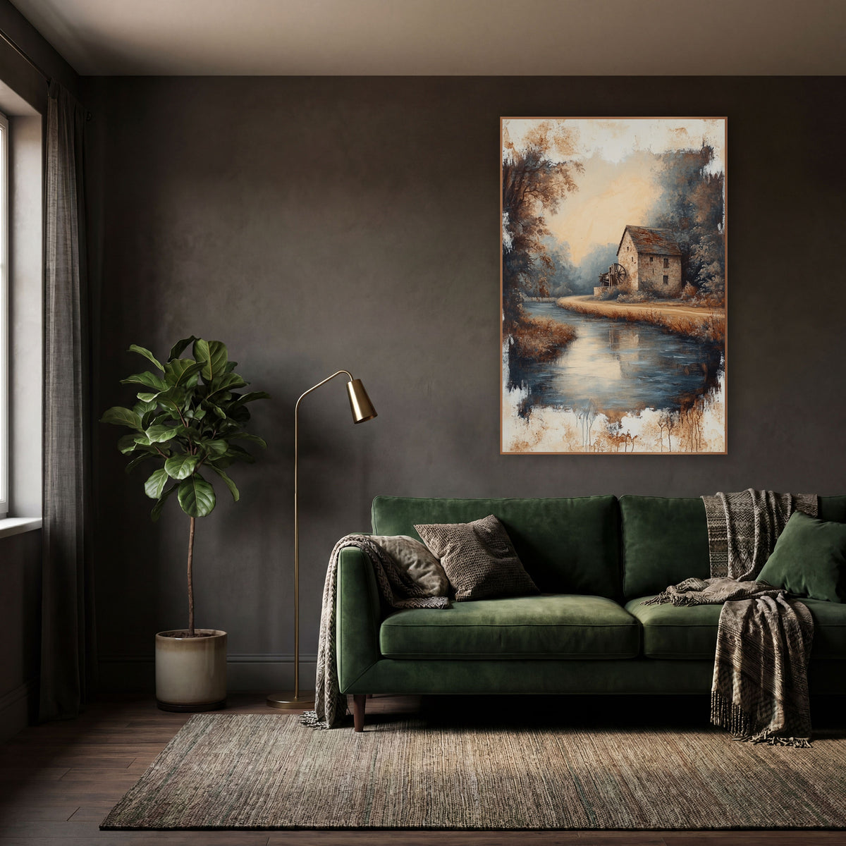 Stone Mill River Landscape Vintage wall art in a moody dark academia room – stone mill with a water wheel
