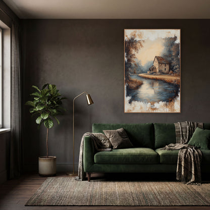 Stone Mill River Landscape Vintage wall art in a moody dark academia room – stone mill with a water wheel