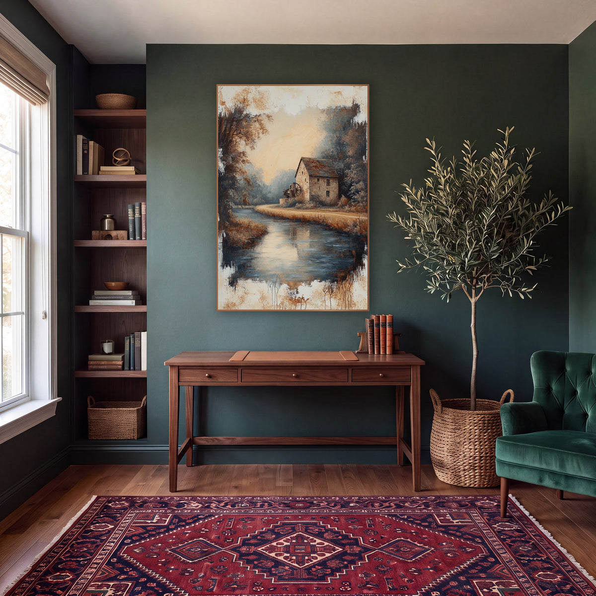 Stone Mill River Landscape Vintage wall art in a moody dark academia room – stone mill with a water wheel