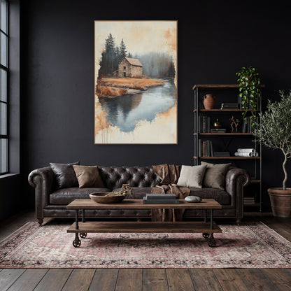 Stone Cottage Riverbend Landscape wall art in a moody dark academia room – stone cottage beside a river bend