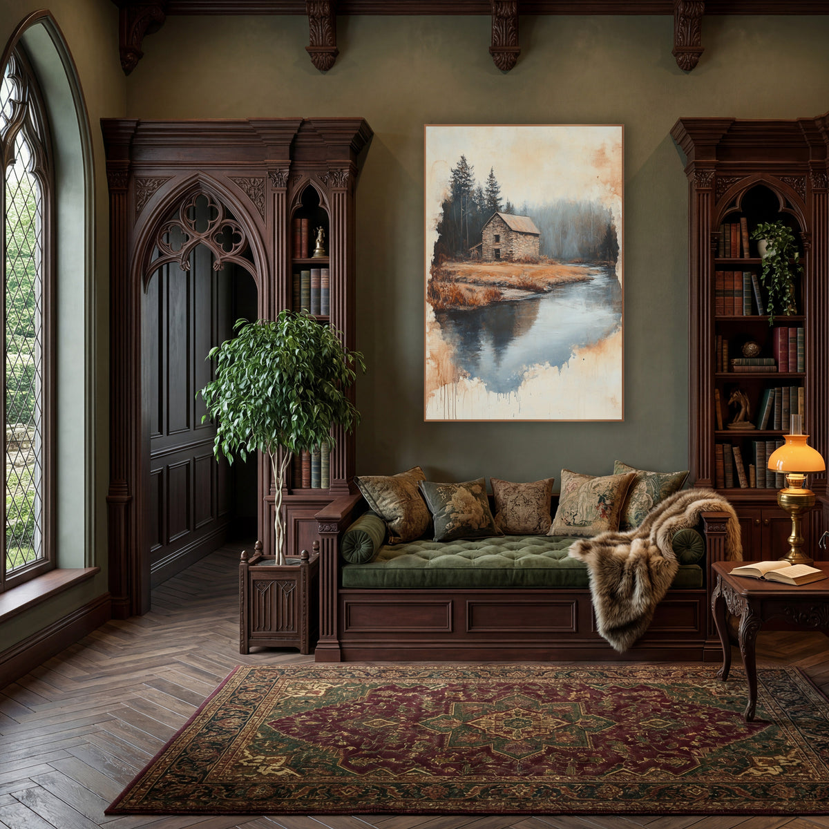 Stone Cottage Riverbend Landscape wall art in a moody dark academia room – stone cottage beside a river bend