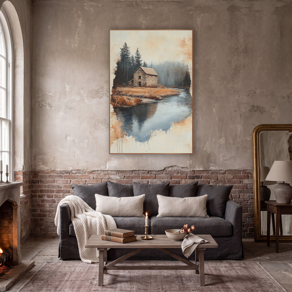 Stone Cottage Riverbend Landscape wall art in a moody dark academia room – stone cottage beside a river bend