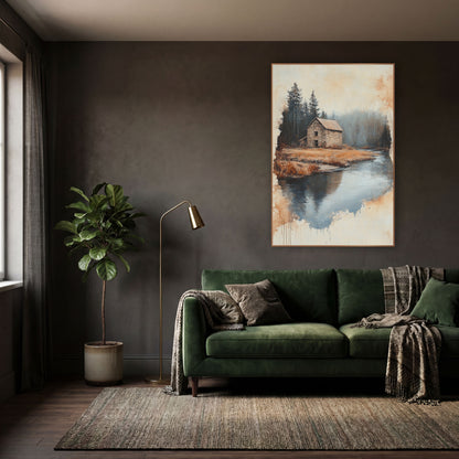 Stone Cottage Riverbend Landscape wall art in a moody dark academia room – stone cottage beside a river bend