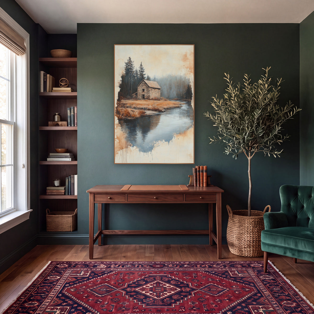 Stone Cottage Riverbend Landscape wall art in a moody dark academia room – stone cottage beside a river bend