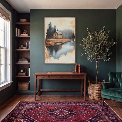 Stone Cottage Riverbend Landscape wall art in a moody dark academia room – stone cottage beside a river bend
