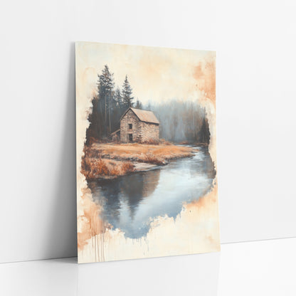 Stone Cottage Riverbend Landscape art print leaning against a white wall – stone cottage beside a river bend with evergreens