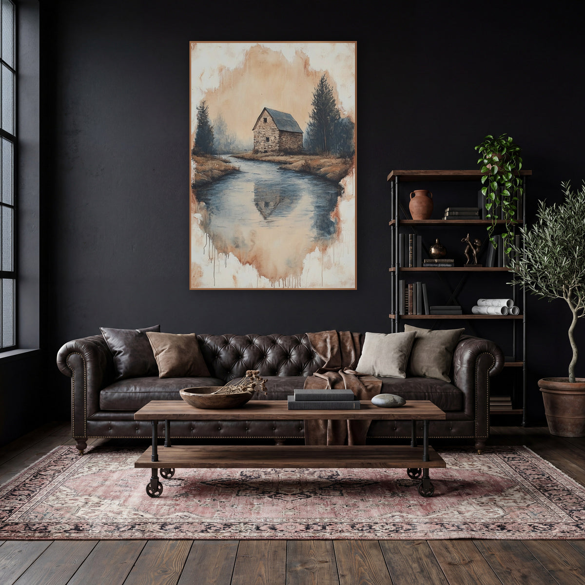 Stone Barn River Bend Landscape wall art in a moody dark academia room – stone barn with dark roof beside a still
