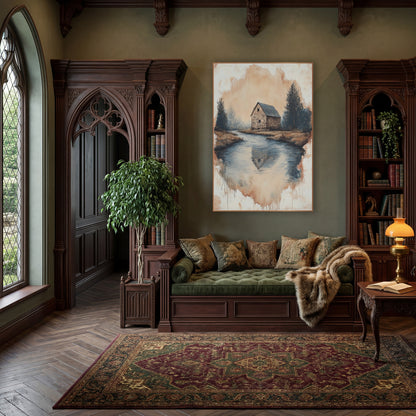Stone Barn River Bend Landscape wall art in a moody dark academia room – stone barn with dark roof beside a still
