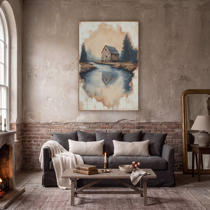 Stone Barn River Bend Landscape wall art in a moody dark academia room – stone barn with dark roof beside a still