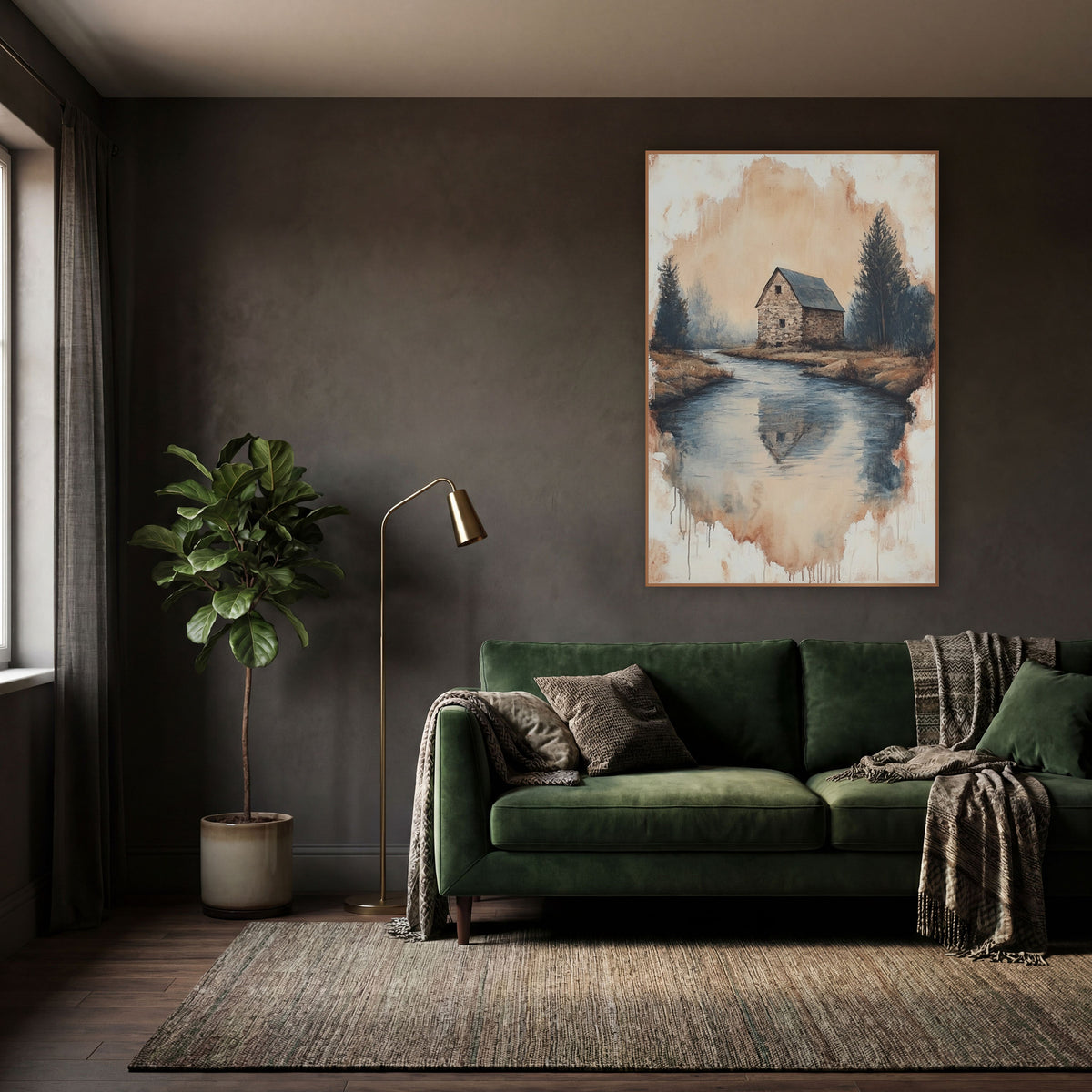 Stone Barn River Bend Landscape wall art in a moody dark academia room – stone barn with dark roof beside a still