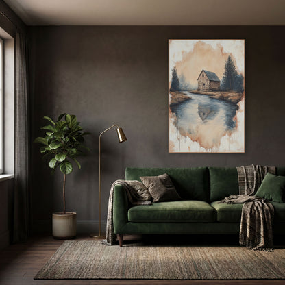 Stone Barn River Bend Landscape wall art in a moody dark academia room – stone barn with dark roof beside a still