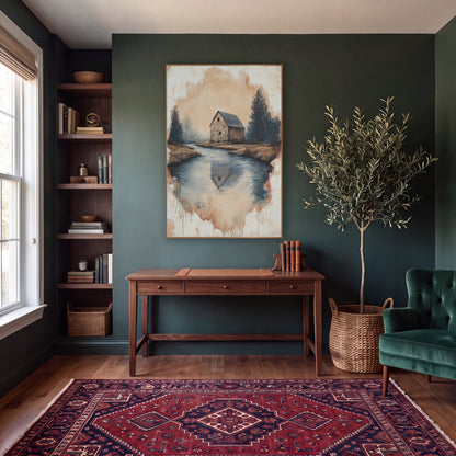 Stone Barn River Bend Landscape wall art in a moody dark academia room – stone barn with dark roof beside a still