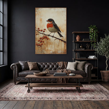 Robin Red Berry Cluster Rustic wall art in a moody dark academia room – small orange-breasted bird with dark wings