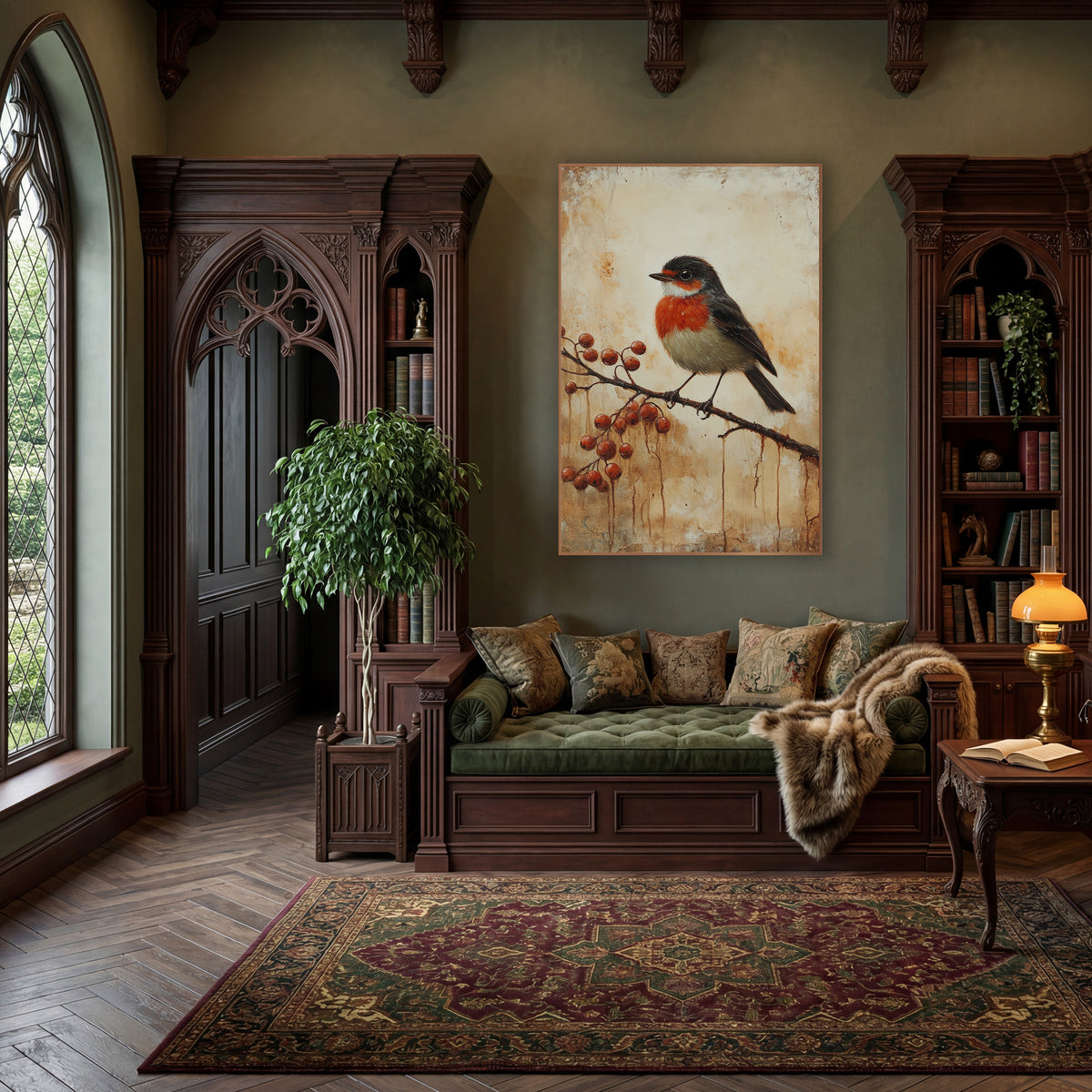 Robin Red Berry Cluster Rustic wall art in a moody dark academia room – small orange-breasted bird with dark wings